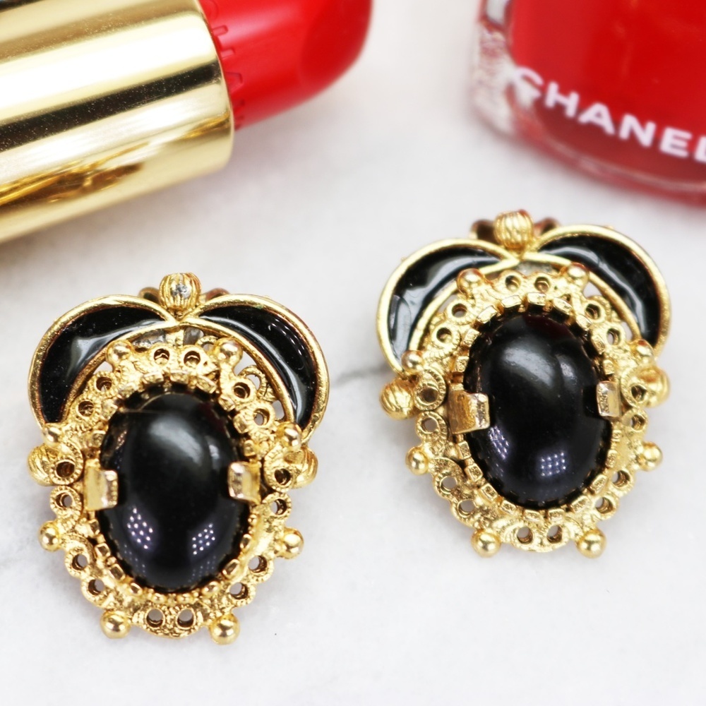 Vintage 1950s KRAMER Black Onyx Earrings - Picture 2 of 12
